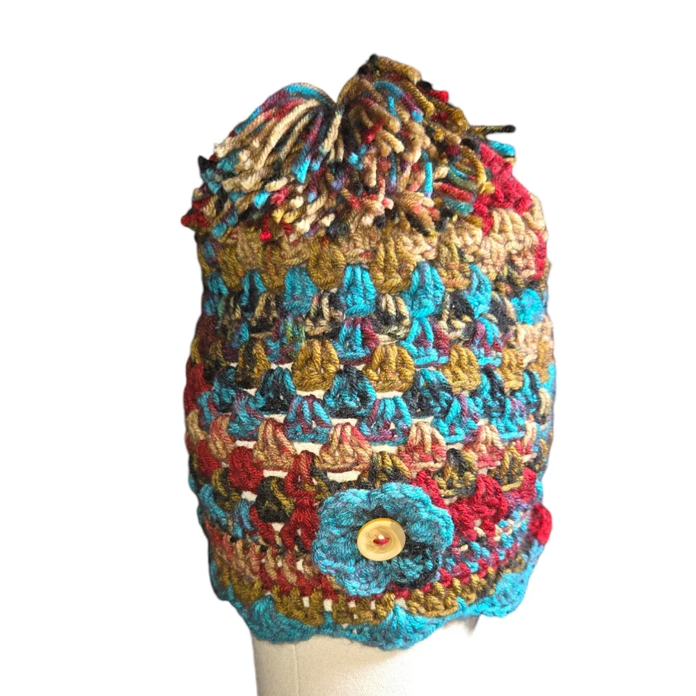 Hand Crafted Red, Gold & Turquoise Flower Accented Pom-Pom Beanie Hat‎ ONE SIZE